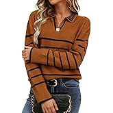 Women's Polo Sweater Long Sleeve V Neck Striped Collared Pullover Fall Sweater Tops 2025