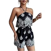 SweatyRocks Women's Open Back Boho Halter Romper Wide Leg Shorts Sleeveless Summer Jumpsuit