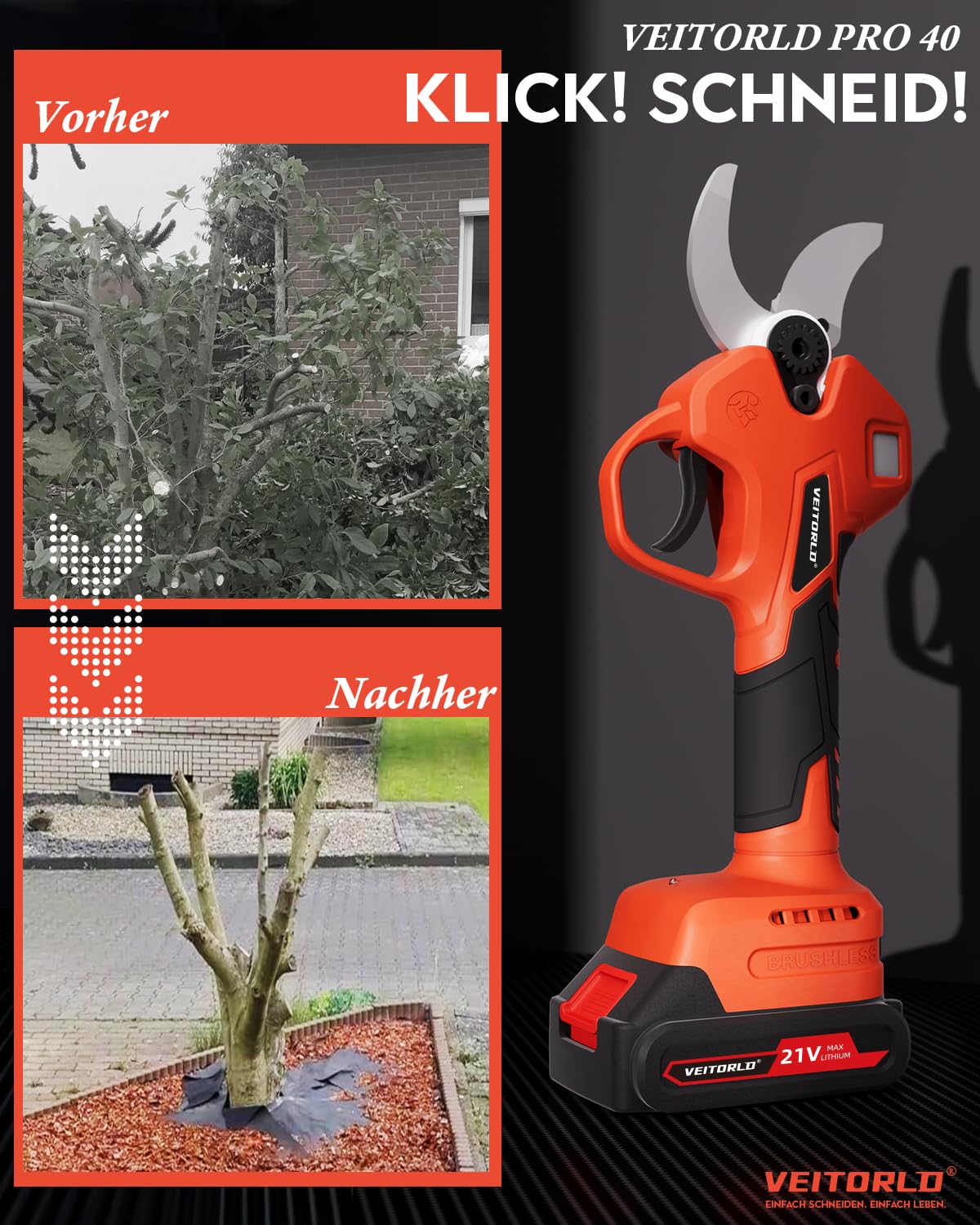Veitorld Akku Astschere, 40MM Gartenschere mit 2 Akku 2000mAh, Bürstenloser Motor Baumschere, Kabellose Elektrisch Garten Schere mit LED-Schnittzählerm, Muttertag Geschenk für Mama Frauen 7
