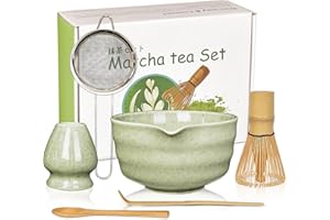 Matcha Set, Matcha Whisk Set Includes 17oz Matcha Bowl with Spout,Matcha Whisk,Chasen Holder, 2 Scoop, Sifter - 6 Pcs Tea Gre