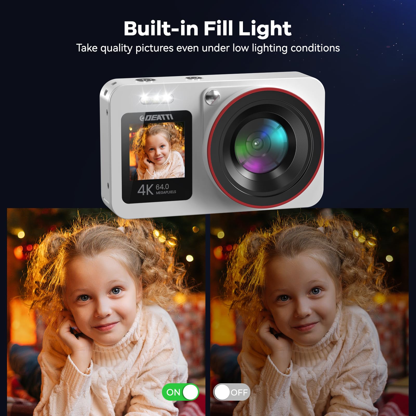 Deatti Digital Camera,FHD 4K Camera with Dual Screen 64GB SD Card 2 Batteries,Digital Point and Shoot Camera,18X Zoom,Anti Shake Portable Rechargeable for Boys Girls Kids,White