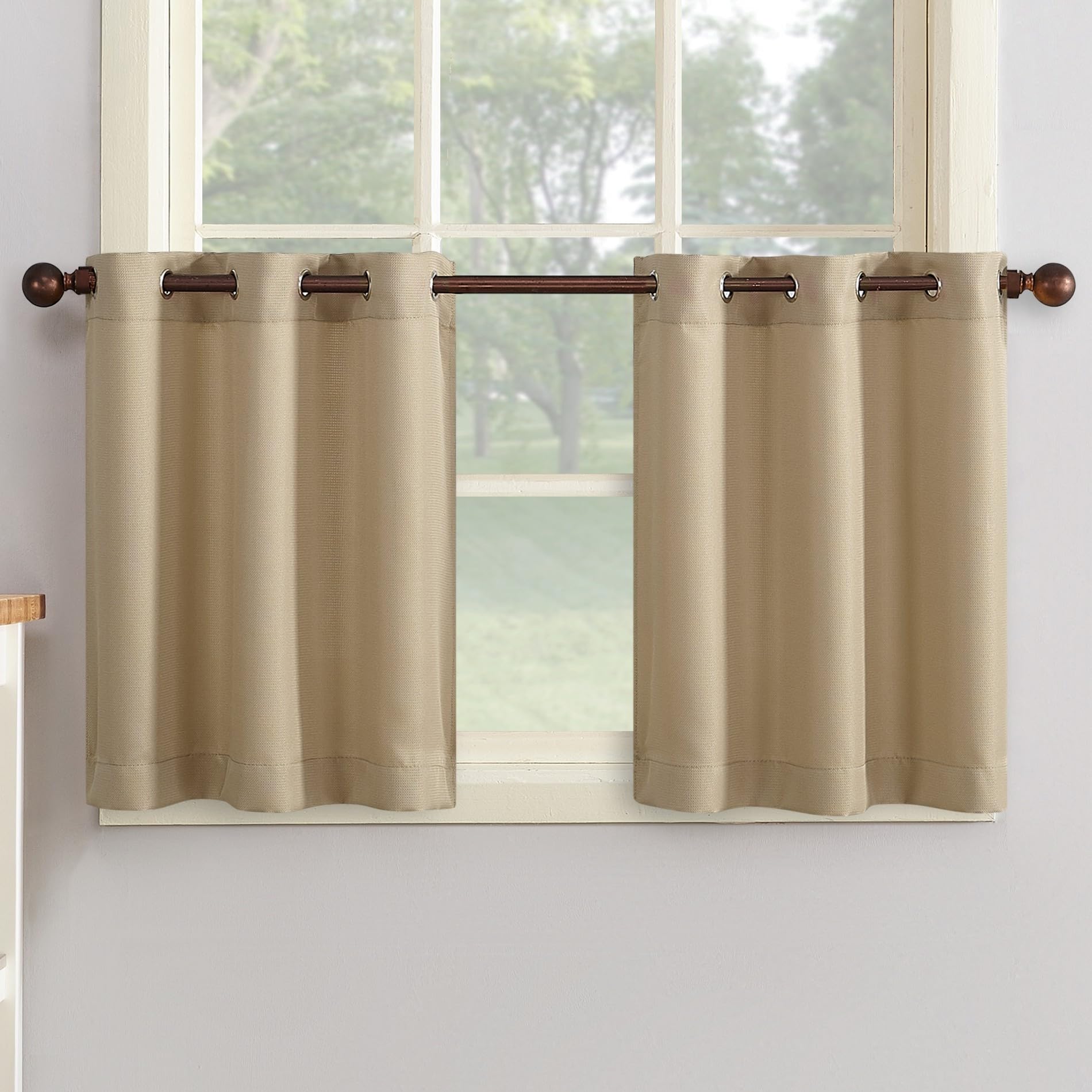 No. 918 Montego Casual Textured Semi-Sheer Grommet Kitchen Curtain Tier Pair, 56" x 24", Taupe