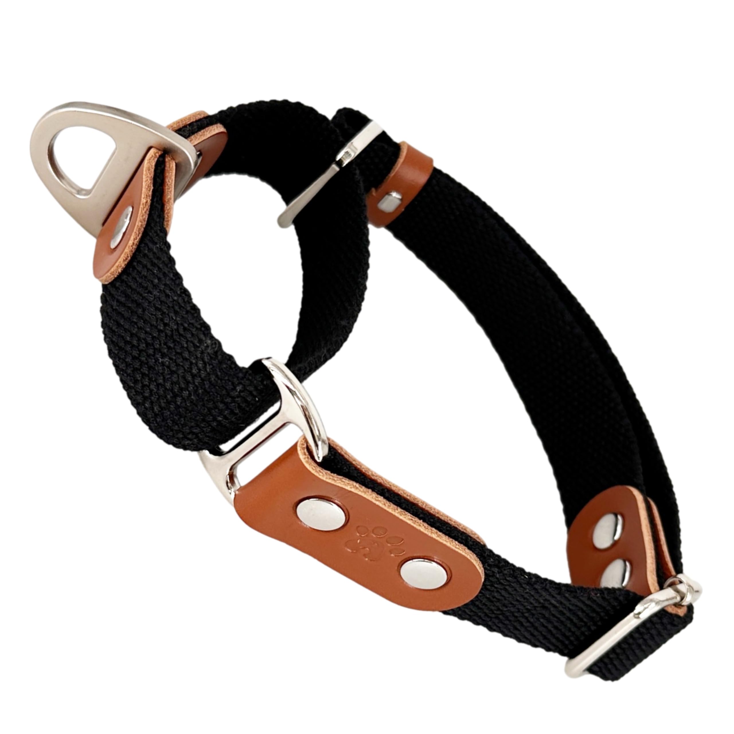Martingale Dog Choke Collar, Antipull, Poly-Cotton and Leather. XS. Black & Cognac
