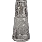 Elle Decor Bedside Water Carafe with Tumbler Set, Vintage Design Pitcher & Drinking Glass Doubles as Lid - 33 oz Gray Jug for Guest Room, Office, Nightstand Use - Durable Glass Drinkware