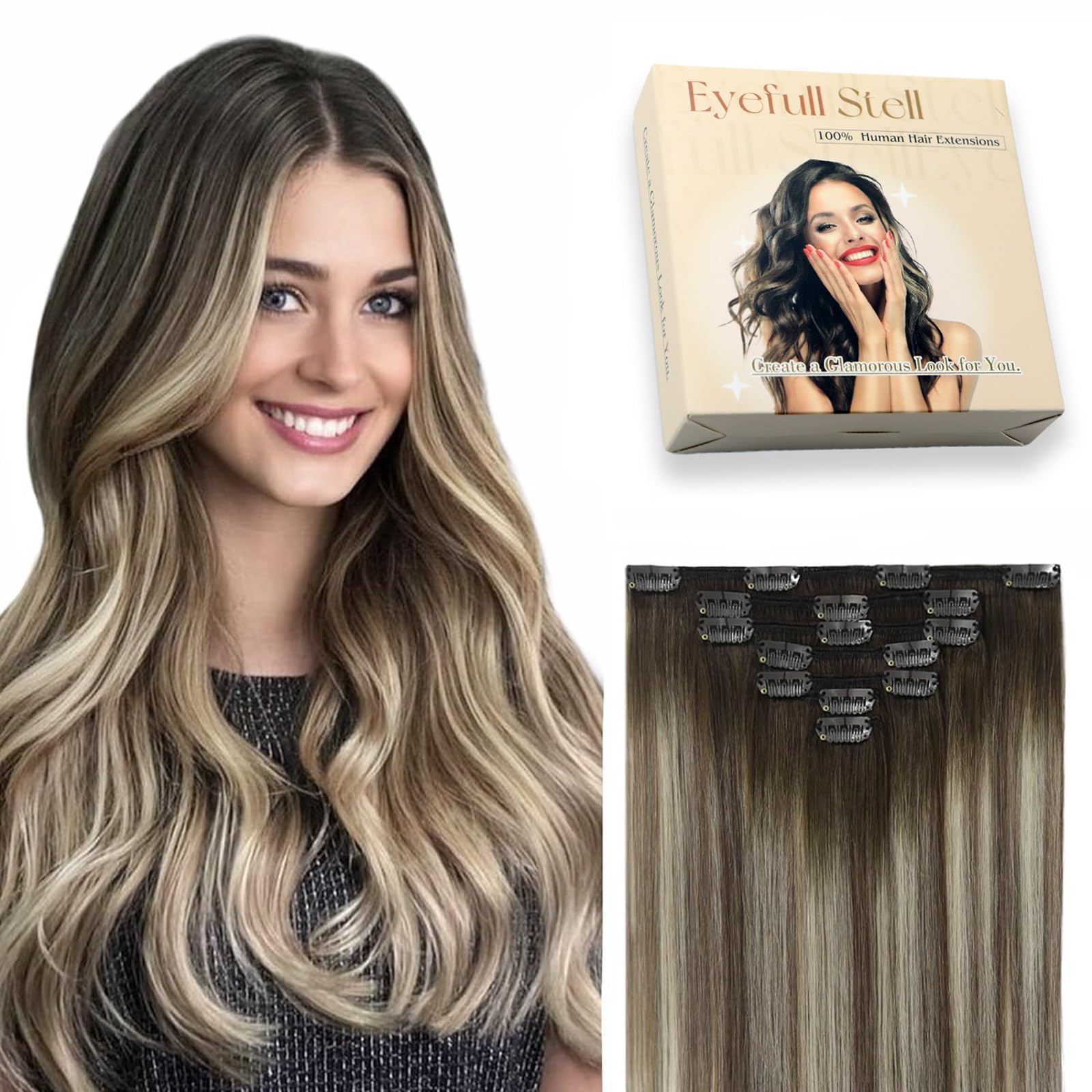 Photo 1 of EYEFULL STELL Clip in Human Hair Extensions Real Human Hair 18inch 85g 7PCS Balayage Walnut Brown to Ash Brown Mix Light Blonde Ombre Natural Straight Remy Clip ins Clip on Hair Extensions
