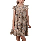 GORLYA Girls Floral Print Ruffle Sleeve Tiered Loose Fit Pleated Swing Midi Dress 4-14T