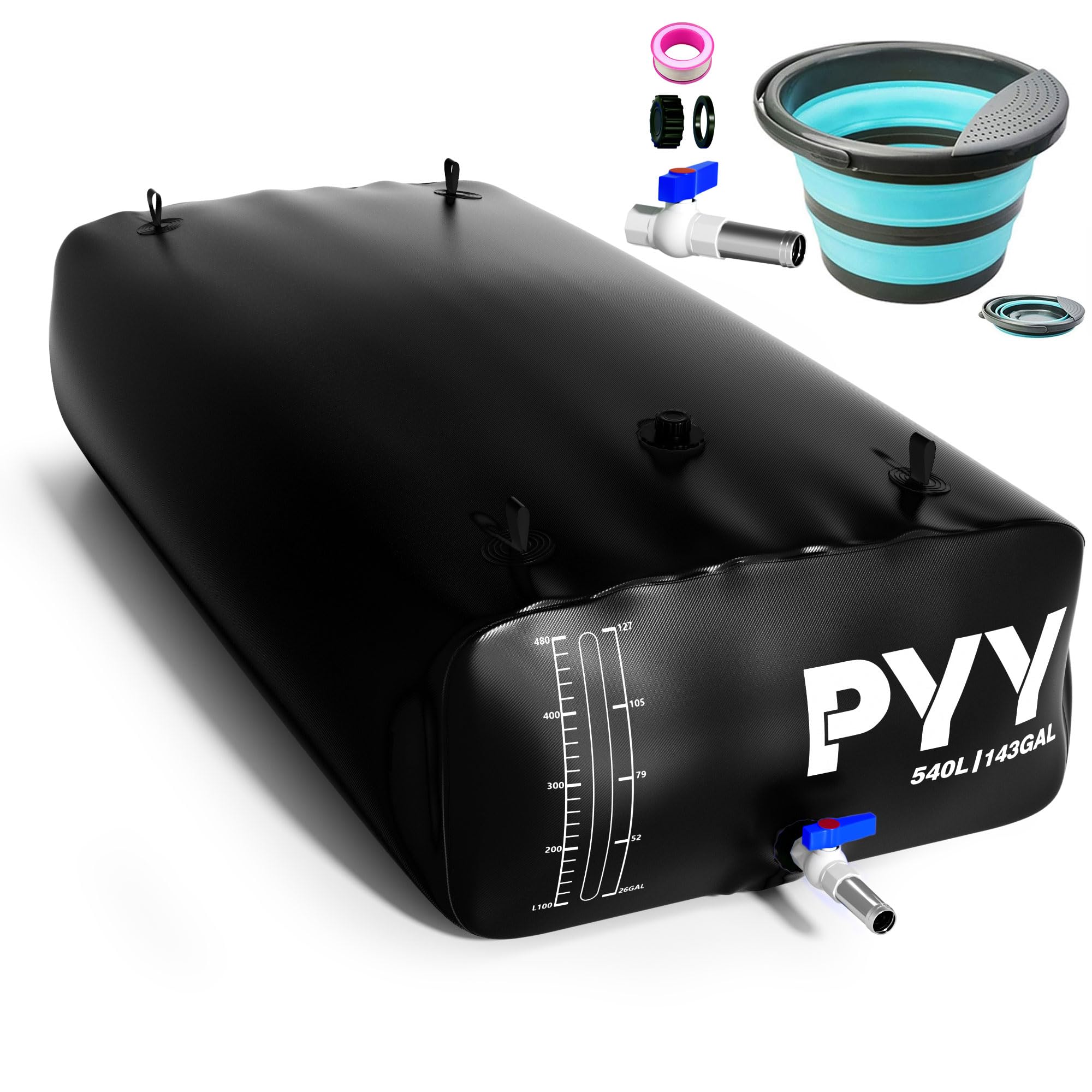 Photo 1 of PYY Portable 143 Gallon Water Bladder - Truck Bed,Carrier Cart, Large Water Bob Bathtub Emergency Water Bladders for Outdoor RV & Car Camping,Water Storage Bladder with Spigot,Overflow Kit-Black 540L