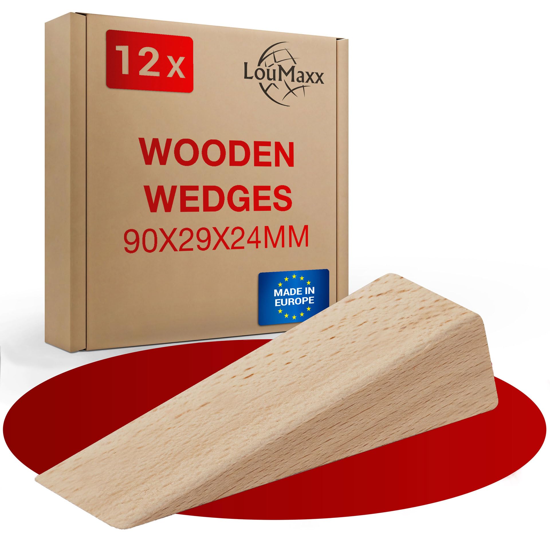 LouMaxx Set of 12 Beech Wooden Wedges - Small, 90 x 29 x 24 mm - Robust Hardwood Wedges for Door Stop, Mounting, Laminate, Tile & Furniture Leveling - Made in Europe