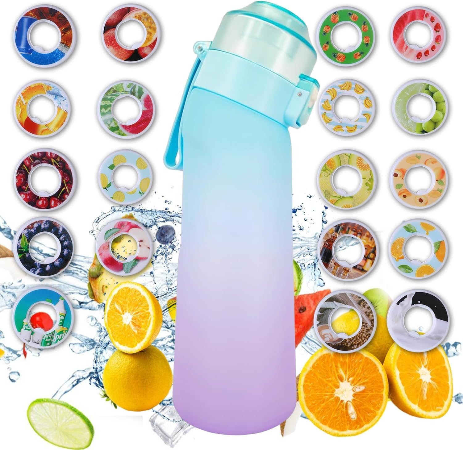 Photo 1 of Air Scent Water Bottle Flavor Pods 650ML Fruit Fragrance Scented Water Cup BPA Free 0% Sugar For Fitness And Outdoor (Gradient Blue Bottle+12 pods in random flavors)