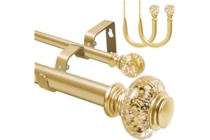 1 Inch Modern Gold Double Curtain Rod for Windows - Tension curtain rod 84 to 120 Inchs- Luxury Translucent Finials with Holdbacks -BHSRODS Home Double Window Rods for Living Room & Bedroom
