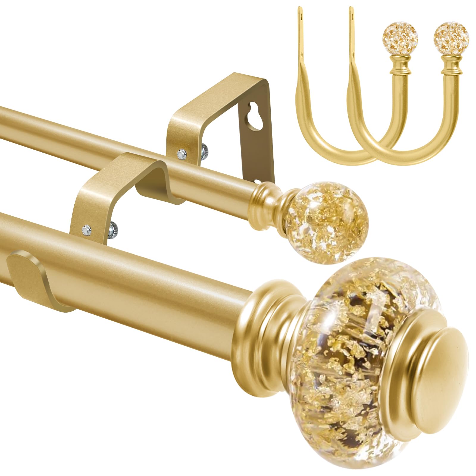 Photo 1 of 1 Inch Gold Double Curtain Rod for Windows - Tension curtain rod 84 to 120 Inchs with Holdbacks -BHSRODS Home Double Window Rods for Living Room & Bedroom