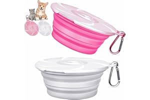 TSXUREPAW Collapsible Dog Bowls - Portable Travel Dog Bowls with Lids & Carabiners, 2 Pack Silicone Feeding Watering Pet Bowls for Dogs Cats, 450ml/15oz Collapsable Doggy Bowl for Walking Hiking (Pink+White)