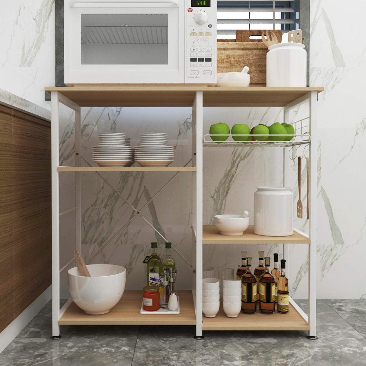 SDHYL Microwave Oven Rack Storage Shelf Kitchen Baker's Rack Storage Cart for Kitchen, Millennium Oak, S7-WK-W5S-MO-US - Standing Baker's Racks