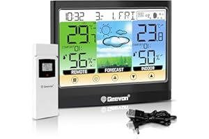 Geevon Weather Station Wireless Indoor Outdoor Thermometer Hygrometer with Dew Point, Heat Index, Touch LCD Display Digital Weather Thermometer with Alarm Clock and Adjustable Backlight