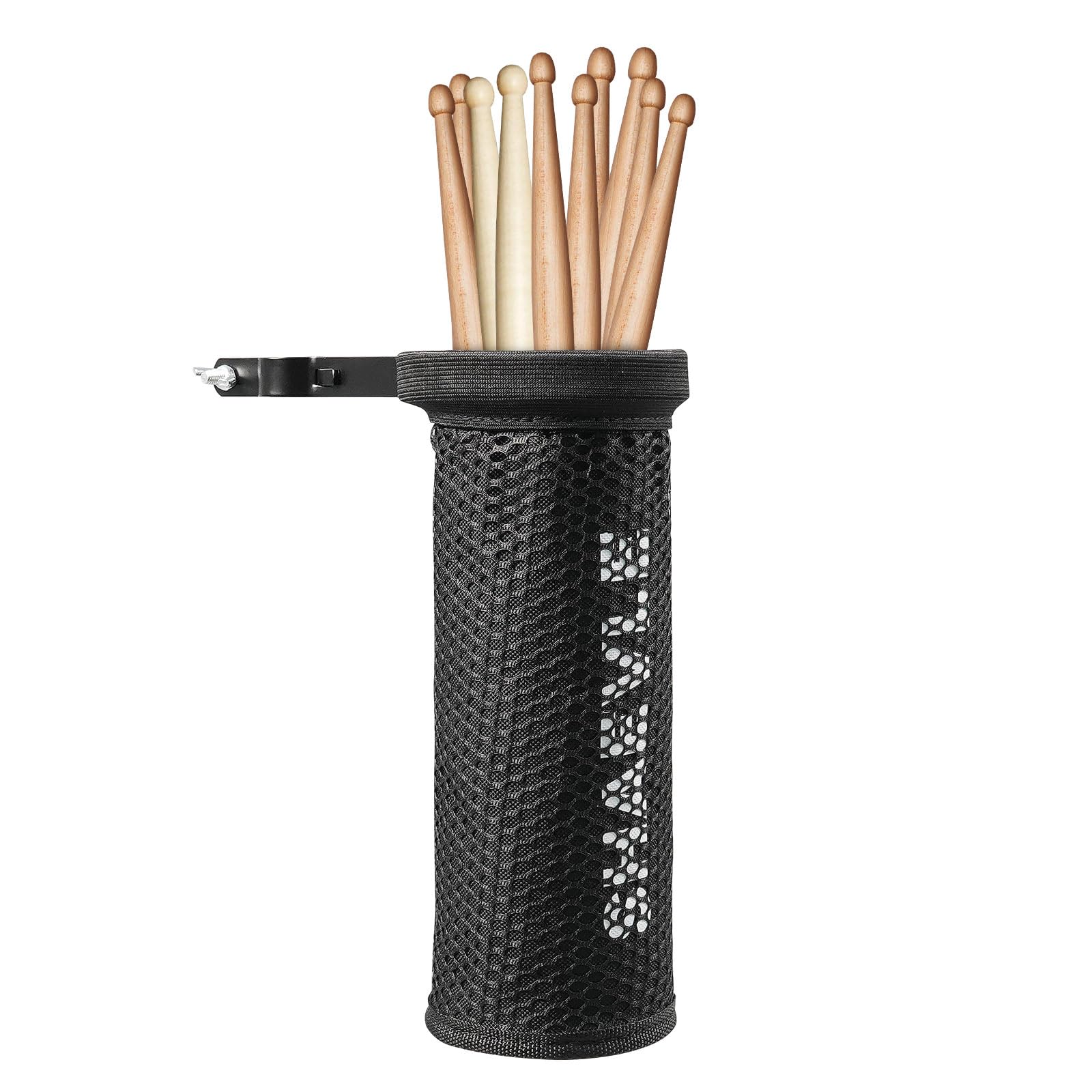 SHAEVLE Drum Stick Holder Adjustable Nylon Drum Stick Bag with Clamp-On Lockable Alloy Steel Heavy Duty Clamp for Drumsticks Mallets Up to 5 Pairs, Black