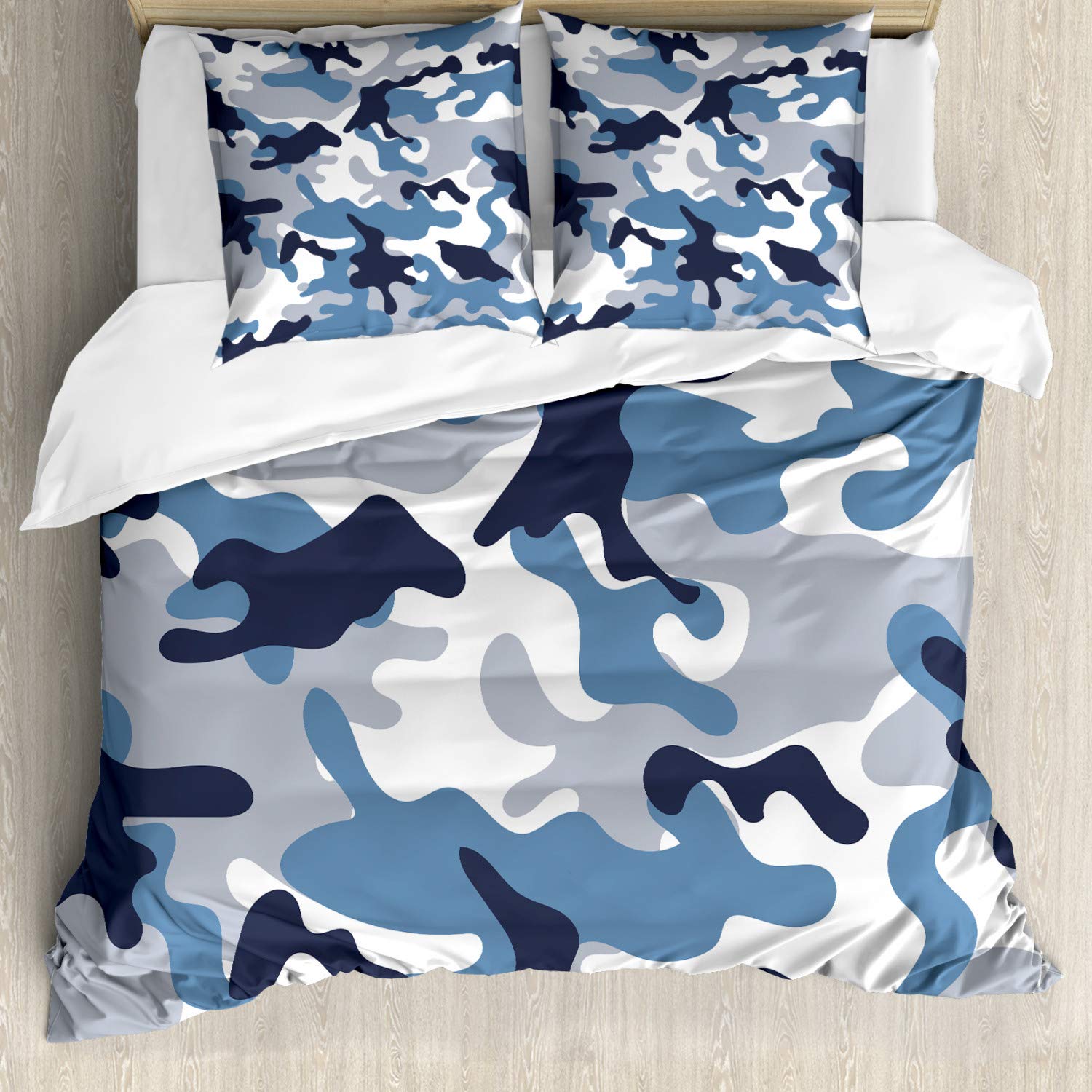 ABAKUHAUS Camouflage Fitted Sheet, Soft Colors Design, Decorative 3 Piece Bedding Set with 2 Pillow Shams, 155 cm x 200 cm - 80 x 80 cm, Slate Blue Indigo Grey