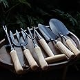 Japanese Gardening Tools Set, 6 Pcs Garden Tools Set, Black Painted Stainless Steel Heavy Duty Gardening Tools Kit, Hand Trowel, Dibble, Hand Rake, Weeder, Transplanter and Hand Folk…