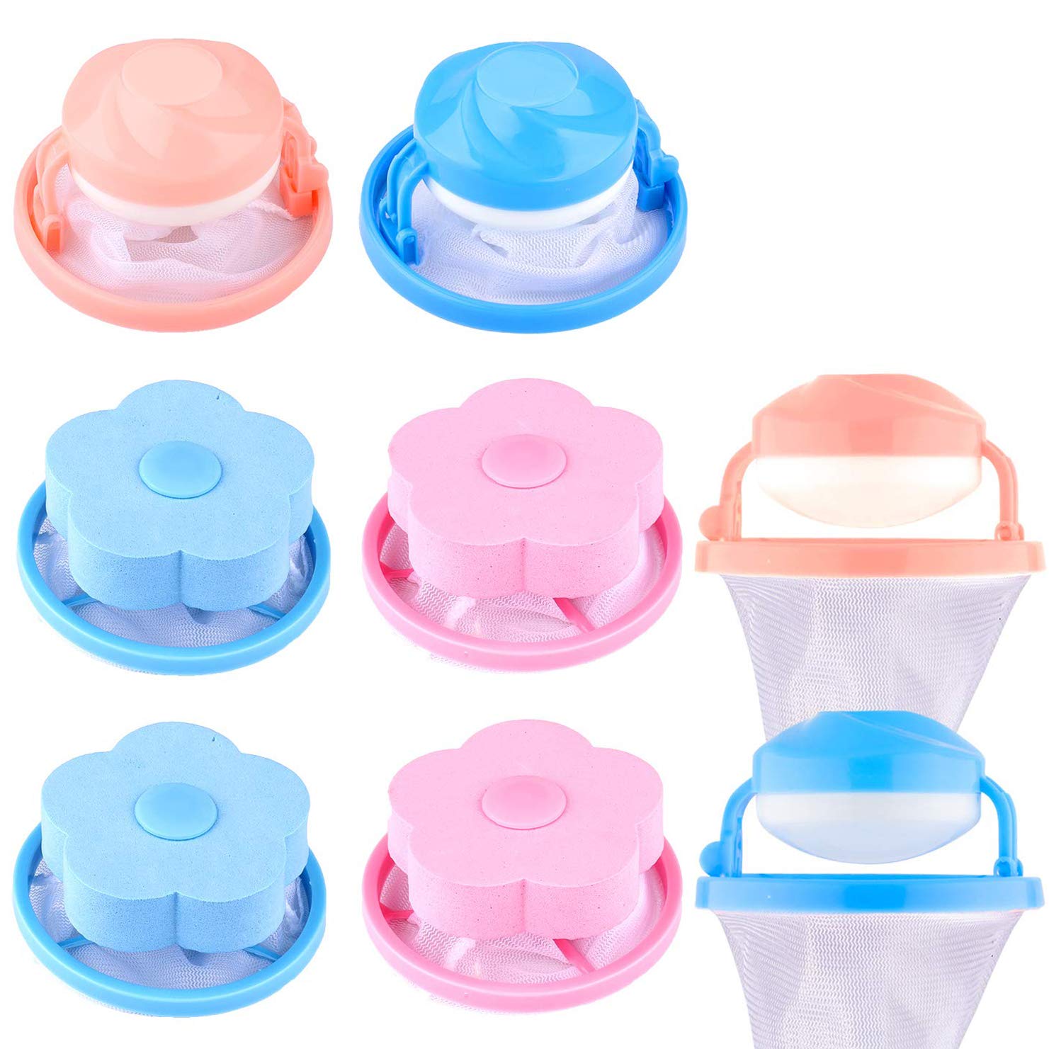 Whaline 8pcs Lint Filter Bag, Floating Pet Hair Lint Mesh Remover, Household Reusable Hair Catcher, Lint Traps Laundry, Blue and Pink (4 Styles)
