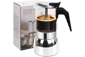 Vaolvpant 9 Cup Glass Clear Moka Pot Thickened 304 Stainless Steel Stovetop Espresso Maker Italian Coffee Machine 450ml 15oz Classic Mocha Cafe Greca Coffee Suitable for Gas Induction