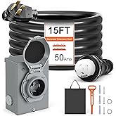 50FT 50 Amp Generator Cord: Upgrade Heavy Duty Generator Extension Cord STW 6/3+8/1 Gauge ETL Listed NEMA 14-50P/SS2-50R with Twist Lock Connector & Pre-Drilled Inlet Box Kit for RV/EV Outdoor (15ft)