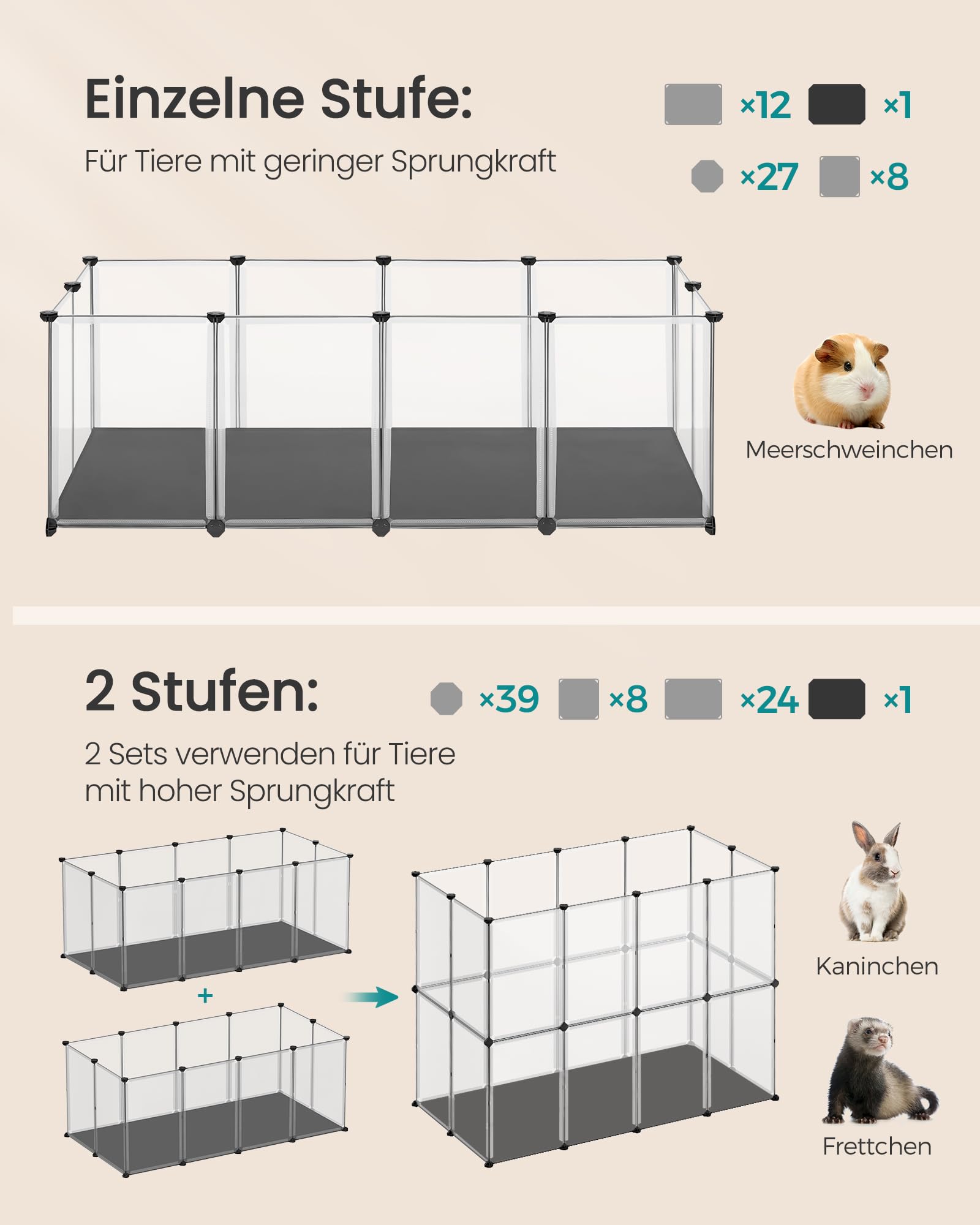 SONGMICS Kleintiergehege mit Bodenplatten, Laufstall mit Abnehmbarer und wasserfester Unterlage, Gehege für Hamster, Kaninchen, Meerschweinchen, 143 x 73 x 46 cm, weiß LPC012W01 3