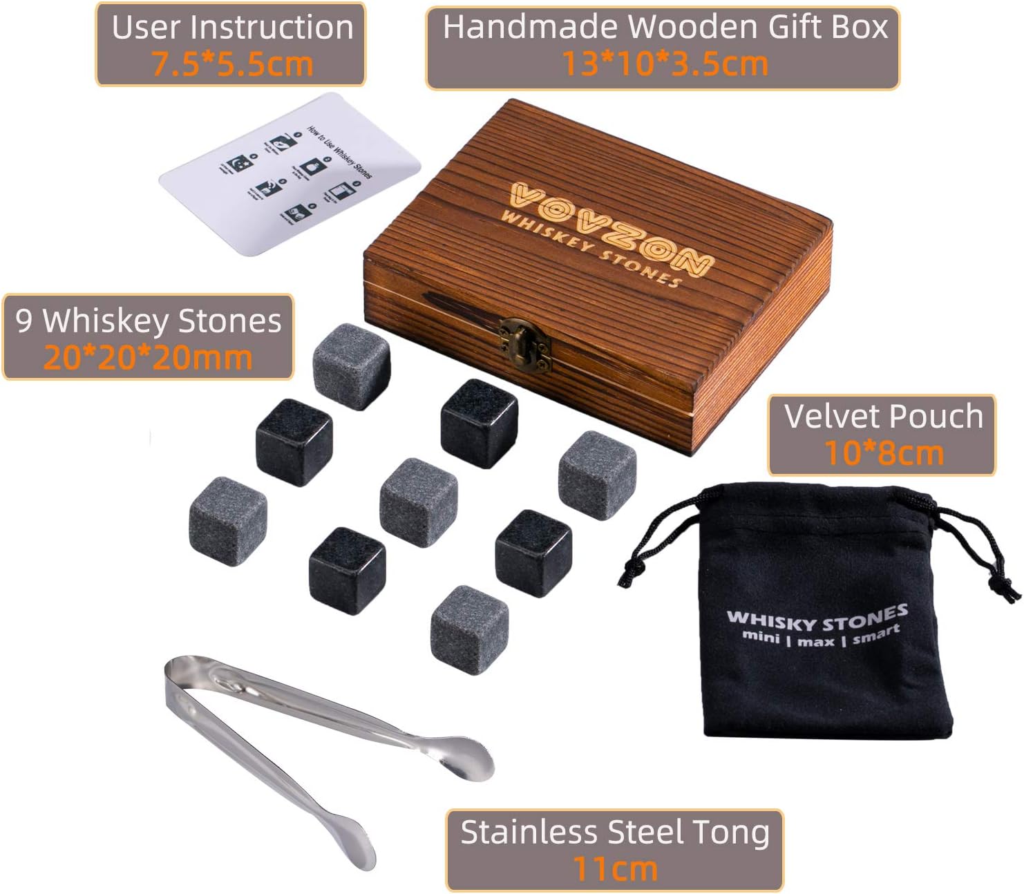 VOVZON Whiskey Chilling Stones Gift Set for Men, 9 Whisky Scotch Bourbon Stones in Wooden Box - Image 3