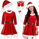 Janmercy 5 Pcs Mrs Santa Costume Women Santa Outfits Velvet Santa Dress with Belt Hat Gloves High Socks for Xmas Cosplay(Medium)
