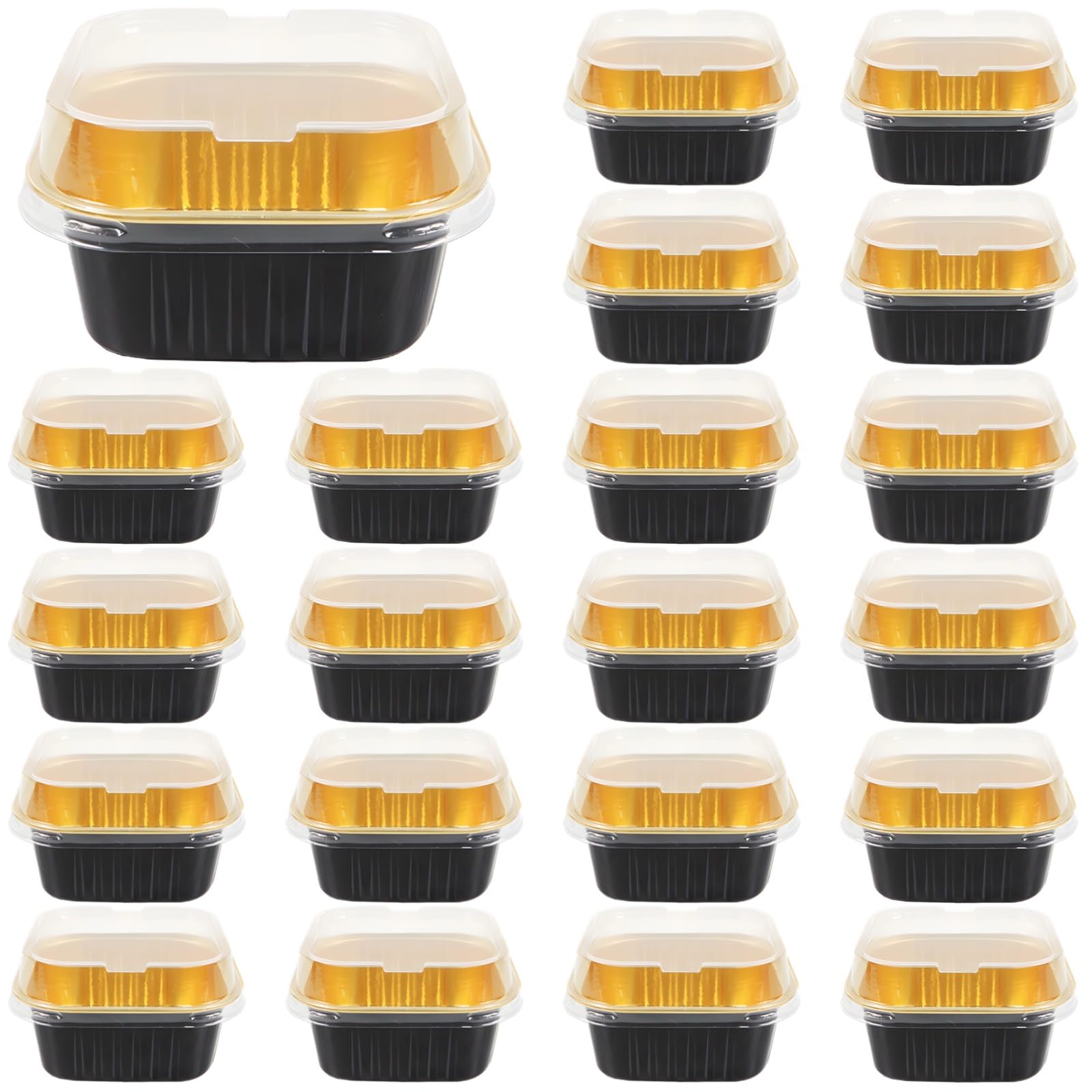 Photo 1 of Varku 100 Pcs Mini Square Cake Pans with Lids,10 oz Aluminum Foil Baking Cups 300ml Disposable Small Ramekins Cupcake Boxes Dessert Containers for Tiramisu,Desserts,Party