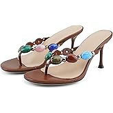 VOZTOLLS Flip Flop Heels for Women Thong Heels Round Open Toe Jeweled Sandals Summer Heeled Mules Fashion Wedding Party Dress Slip On High Heel Sandals