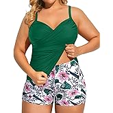 Aqua Eve Women Two Piece Plus Size Tankini Swimsuits with Shorts Tummy Control Bathing Suits Ruched V Neck Swimwear
