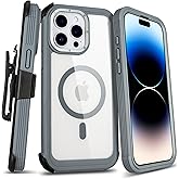 Defender for Clear iPhone 14 Pro Max Case with Belt Clip Holster, Compatible with MagSafe, Anti-Yellowing, Full-Body Phone Cover for iPhone 14 Pro Max Case (Clear & Grey)
