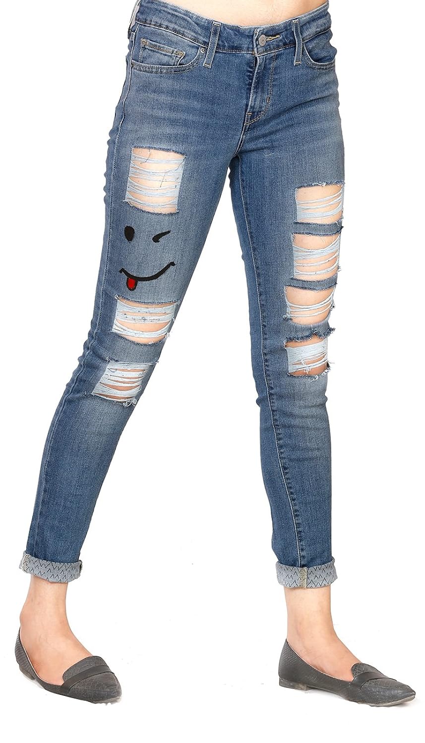 estrolo emoji ripped denim jeans ankle length skinny fit women's jeans
