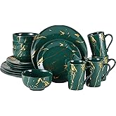Loymokinar Modern Porcelain 16 Piece Green Dinnerware Set,Plates and Bowls Sets,Gold Dish Set for 4,Green Dinnerware Set,Dinner Sets with Dinner Plates.