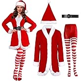 Sureio 4 Pcs Mrs Santa Claus Costume Women Christmas Dress Suit Cosplay Velvet Outfit with Belt Hat Striped Tights Elf Ears