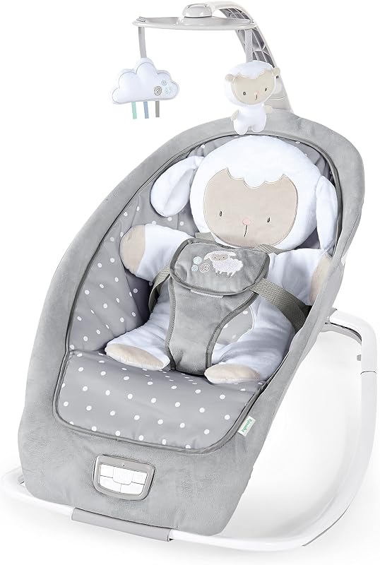 , Hamaca Mecedora para Bebés hasta 18 kg, Cuddle Lamb con vibraciones, arco de juego con 2 peluches, 12 melodías, 4 sonidos de naturaleza, volumen regulable, ergonómico.