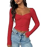 TiulZial Women's Long Sleeve Going Out Crop Top Sexy Pleated Trendy Shirt Sweetheart Neck Y2K Ruched Cropped Tops