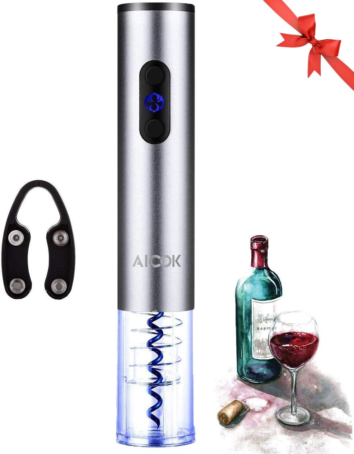 Aicok Wine Opener, Wine Bottle Opener, Stainless Steel Electric Corkscrew, Battery Powered Cordless Wine Opener Kit with Foil Cutter, Silver