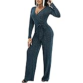 LightlyKiss Women's casual sexy V-neck sparkling jumpsuit long sleeve loose jumpsuits Fashion Club party Rompers with belt