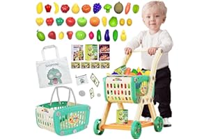 POFJOEQ Kids Shopping Cart Trolley Play Set with Pretend Food and Accessories，Toy Shopping Cart Trolley for Kids Baby with Play Foods, Grocery Shopping Cart Playing Pretend Games (Green)