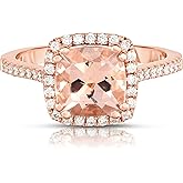 KOKAV 14K Rose Gold Genuine Morganite 2 Ct Cushion, Diamonds Ring