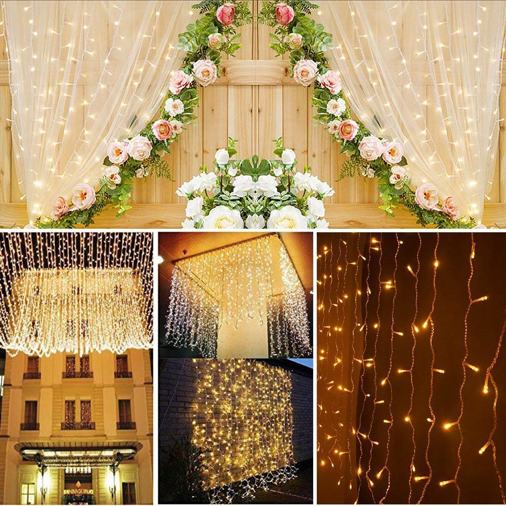 AveyLum LED String Light Window Curtain Icicle String Lights 3x3 Meters 300 LED Fairy Twinkle Lights with 8 Modes for Bedroom Wedding Party Bar Outdoor Indoor Patio Yard Wall Decoration, Warm White