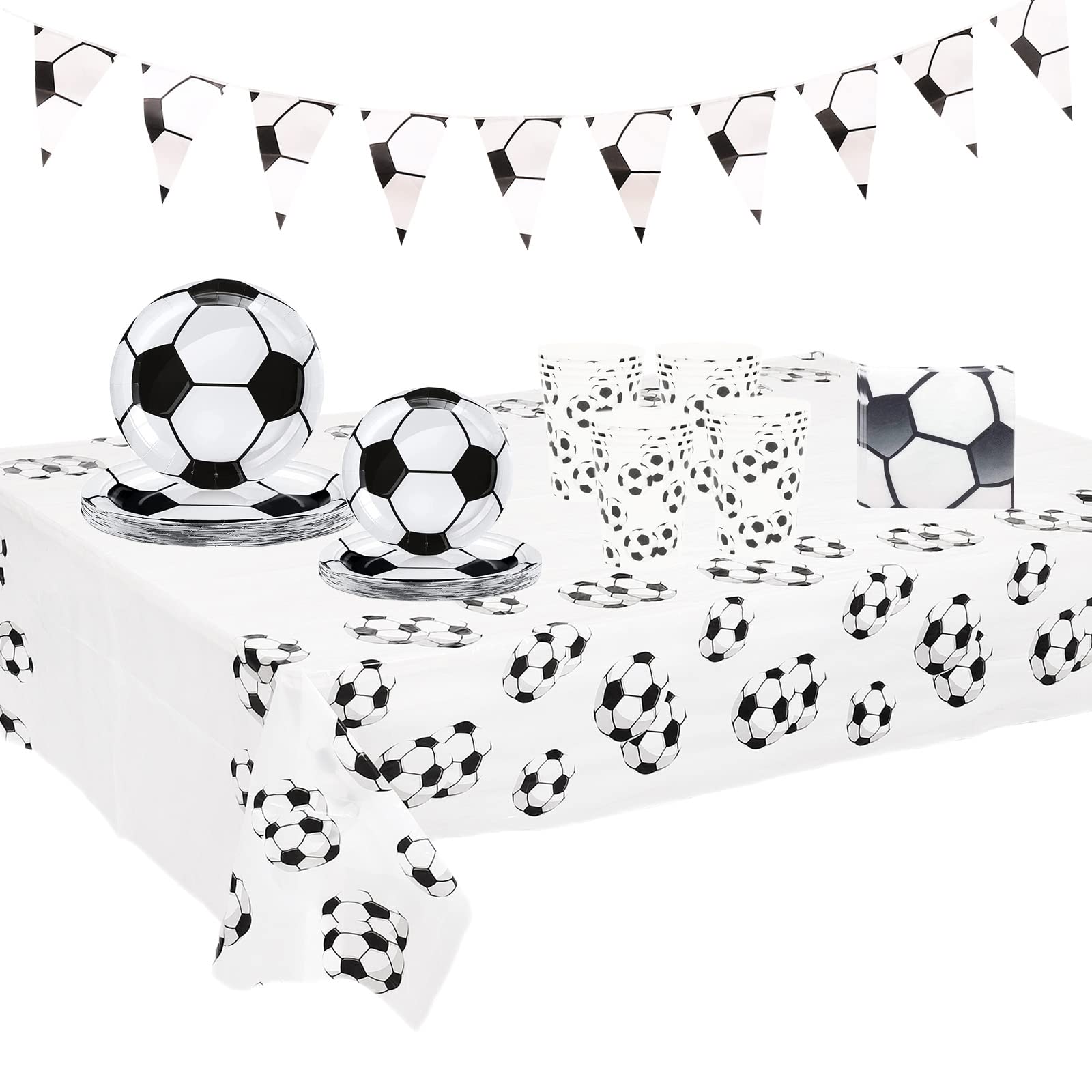 Football Party Supplies Disposable Tableware Set,Black White Football Table Decorations,Football Party Table Cloth,Banner,Paper Plates Cups and Napkins for Boys Birthday,GOAL World Cup 2022 Decoration