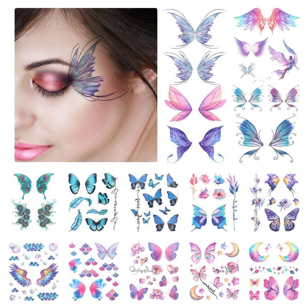 14 Sheets of Shine Bright with Glitter Butterfly Temporary Stickers for Women ? Suitable for Eye & Face and Body Makeup Decoration