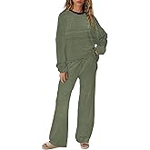 SENSERISE Womens Striped Lounge Set 2 Piece Outfits Fall Matching Pajama Sets Long Sleeve Striped Shirt Wide Leg Pants