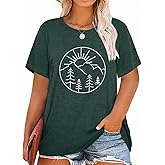 MK Shop Limited Plus Size Tops for Women Cute Vintage Graphic Tee Sunrise Camping Funny Print Casual Nature Travel Shirt