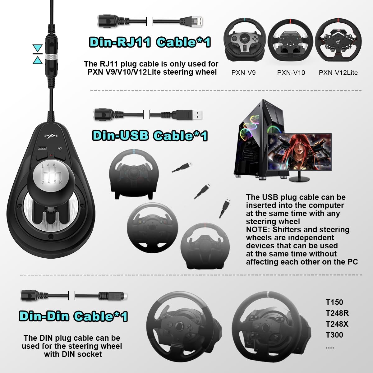 PXN A7 Gear Shifter, 6+1 Shift Lever with Handbrake & High/Low Gear Buttons, USB Compatible for PC, PS4, Xbox