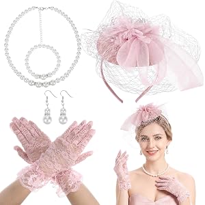 7 PCS Tea Party Accessories for Women, Pink Tea Party Hat, Including Gloves Necklace Bracelet Earrings for Women 1920s Vintag