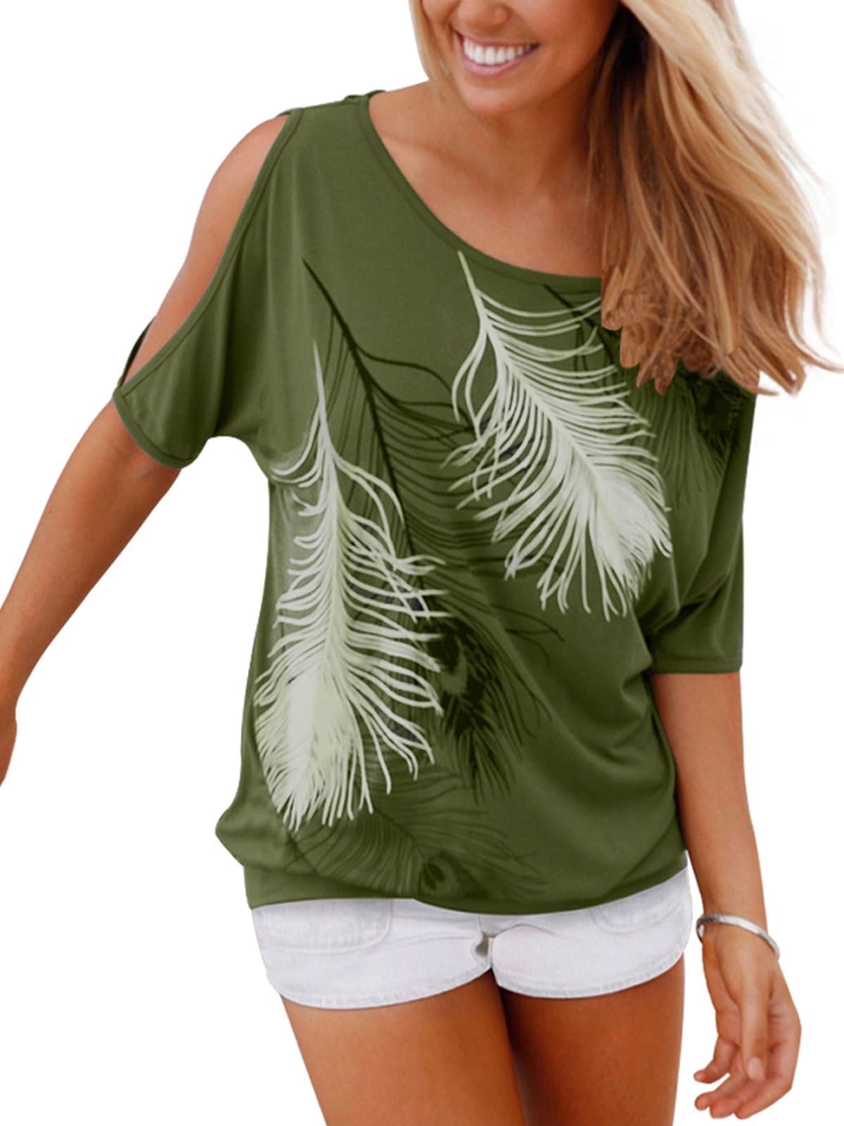 Aumir Women's Summer Casual Feather Print T-Shirt Round Neck Short Sleeve Off Shoulder Tops Loose Oversize Blouse