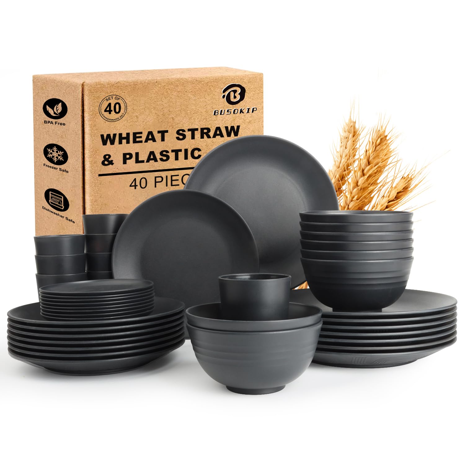 Photo 1 of **Only 12** BUSOKIP Wheat Straw Dinnerware Sets 40 PCS- Unbreakable Dishes Set for 8, Dishwasher and Microwave Safe Plates and Bowls Sets, Reusable Plastic Plates, Bowls, Drinking Cups for Camping, Party - Black