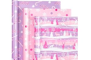 WRAPAHOLIC Christmas Wrapping Paper Roll - Mini Roll - 3 Rolls - 17 Inch X 120 Inch Per Roll - Pastel Pink and Purple Reindeer, Candy Cane with JOY, Snowflake Holiday Collection